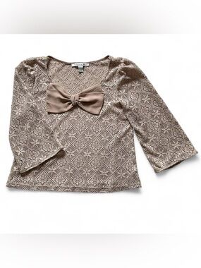 Vintage Y2K FOREVER21 Open Weave Lace Top w. Bow Detail | M | Taupe